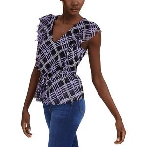 INC Blouse Womens Medium‎ Purple Plaid Ruffle Sleeve V Neck Top Cinched Waist